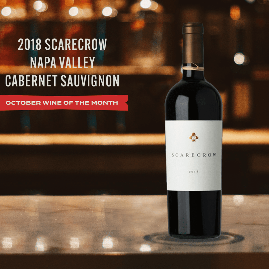 Scarecrow 2018 Cabernet Sauvignon bottle on bar; text reads 2018 SCARECROW NAPA VALLEY CABERNET SAUVIGNON OCTOBER WINE OF THE MONTH