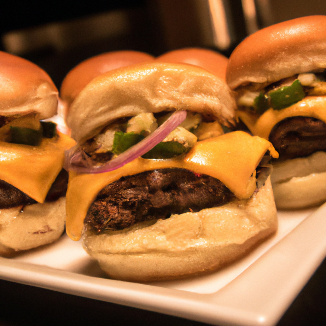 Three cheeseburger sliders with melted cheddar, pickled jalapeño and red onion on brioche buns on a white plate.