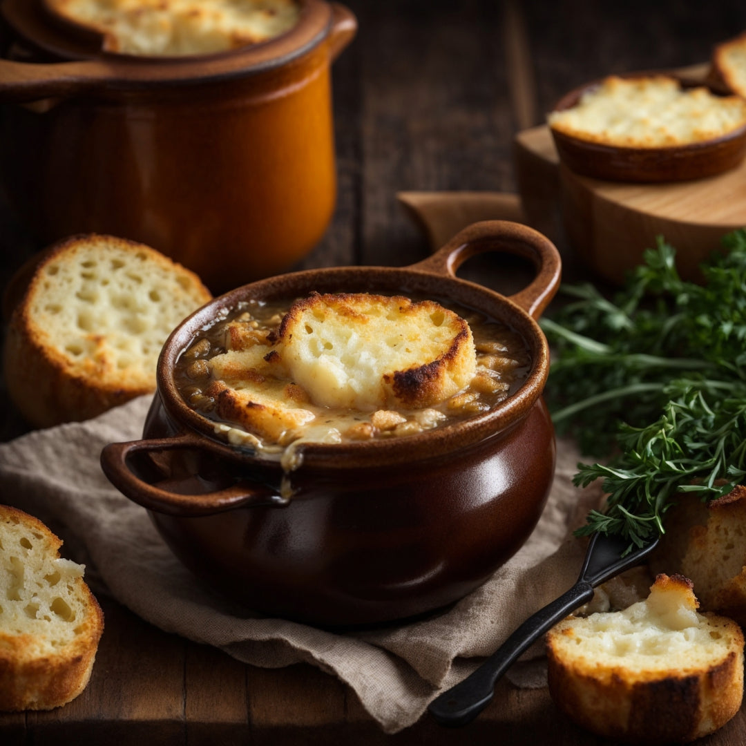 French onion soup in a brown crock topped with melted cheese and toasted baguette slices, herbs on a wooden board