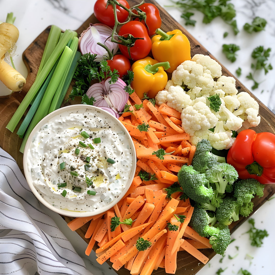 Bowl of French onion dip with chives on a board of mixed raw vegetables: carrots, broccoli, cauliflower, peppers, tomatoes