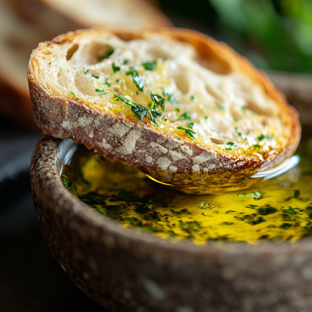 Crusty bread slice dipped in herb-flecked olive oil in a shallow bowl