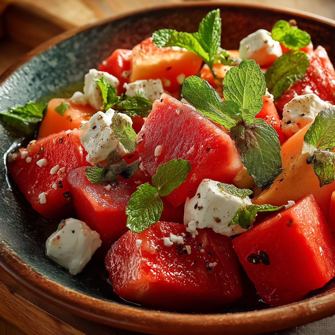 Close-up of watermelon and cantaloupe cubes with feta and torn mint in a bowl, drizzled with olive oil and seasoned with The Showgirl and Bowtie Seasoning