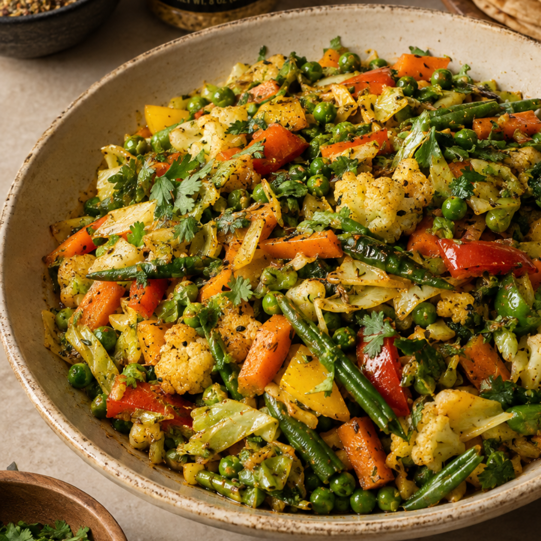 Close-up of Bangladeshi-style greenmarket vegetables seasoned with Sergio’s Seasoning in a ceramic bowl