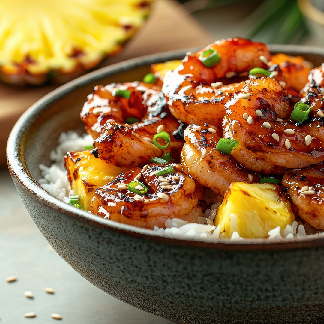 Glazed grilled shrimp and pineapple over white rice in a dark ceramic bowl, garnished with green onions and sesame seeds.