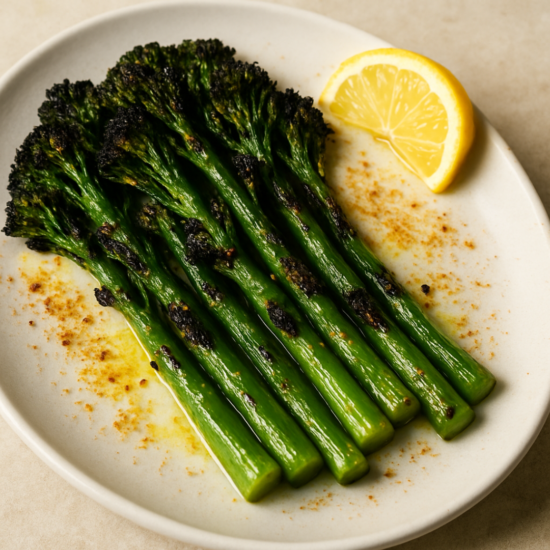 Charred broccolini on a white plate with a lemon wedge and light seasoning