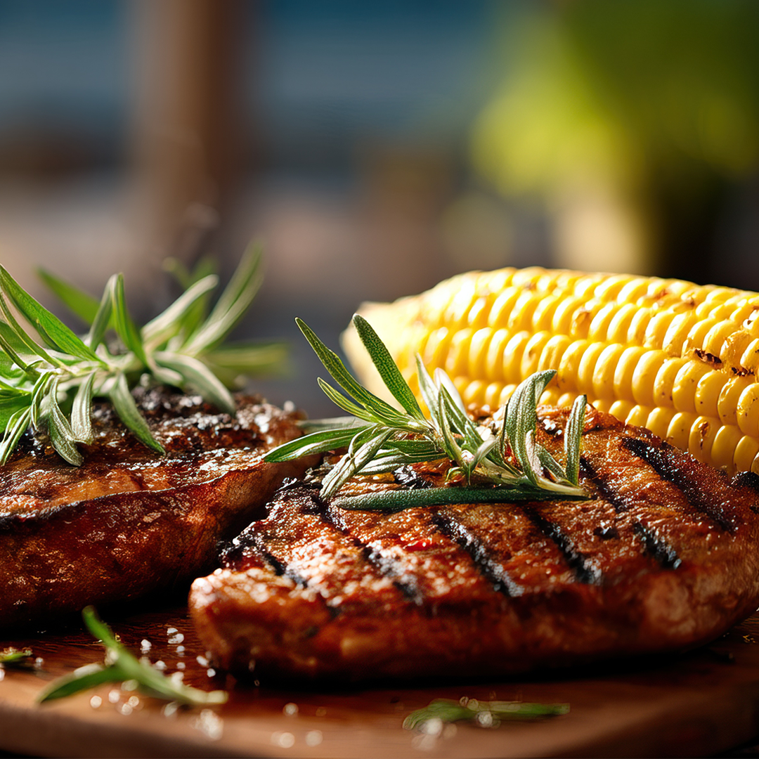 Grilled ribeye steaks with rosemary sprigs and buttered corn on the cob
