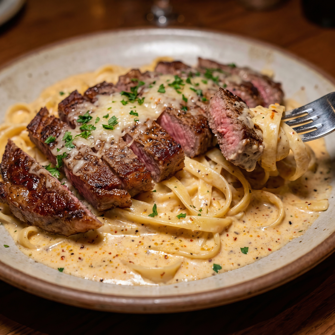 image of a parmesan pasta with steak using the showgirl seasoning