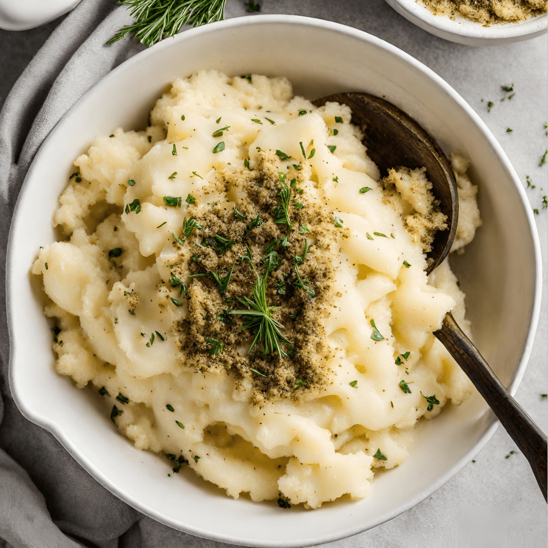 Creamy mashed potatoes topped with a breadcrumb crumble and fresh herbs in a white serving bowl.