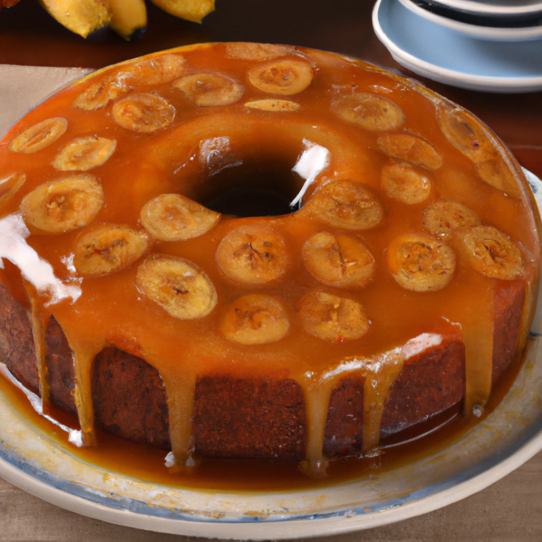 Banana upside-down bundt cake with caramel glaze and banana slices on top.