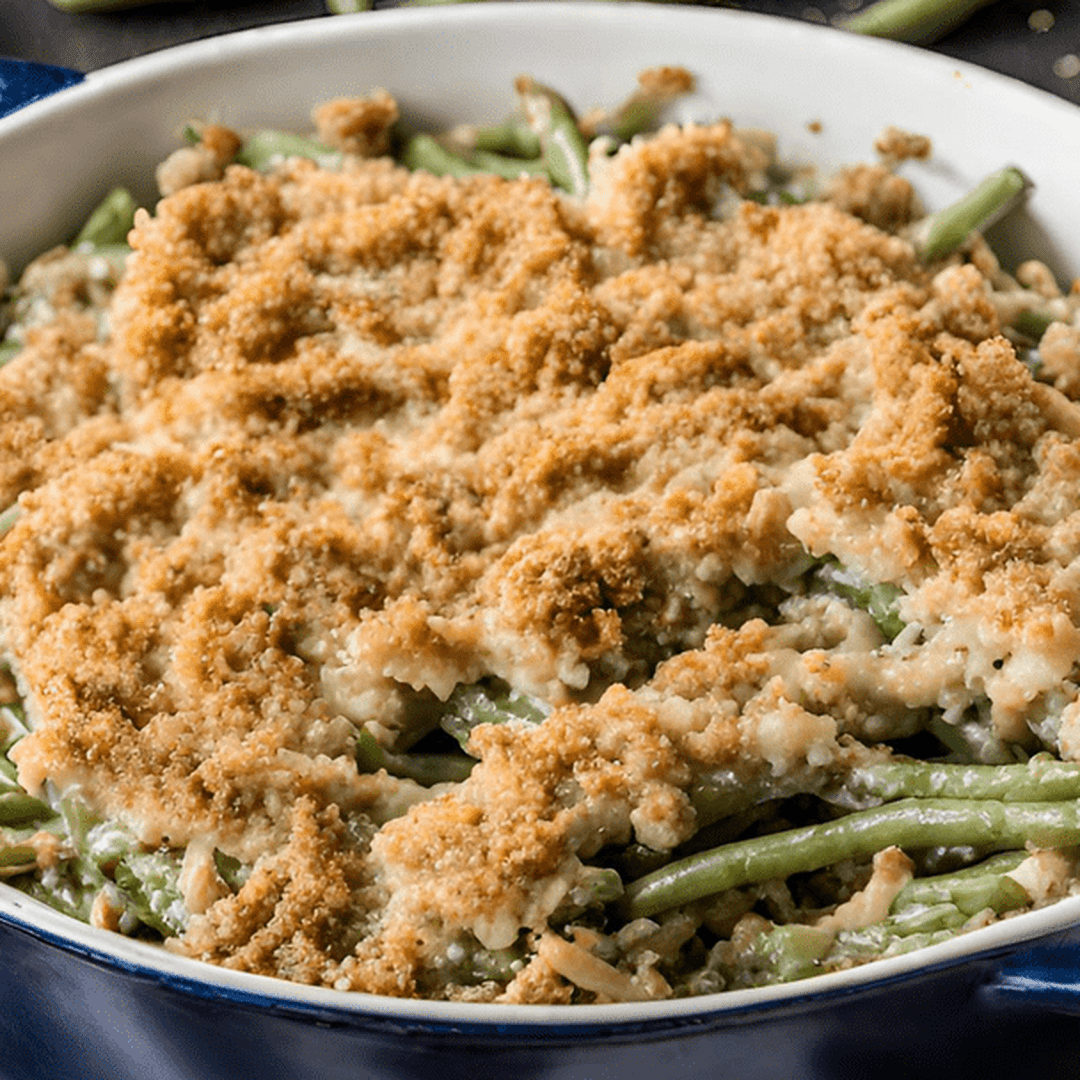 Green bean casserole with a golden breadcrumb topping in a white baking dish.