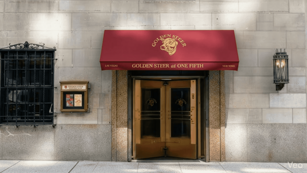 Animated GIF of Red awning reading 'GOLDEN STEER at ONE FIFTH' (gold steer logo), revolving brass double doors; 'LAS VEGAS' left, 'NEW YORK' right.