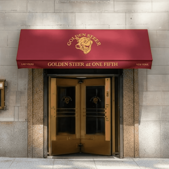 Animated GIF of Red awning reading 'GOLDEN STEER at ONE FIFTH' (gold steer logo), revolving brass double doors; 'LAS VEGAS' left, 'NEW YORK' right.
