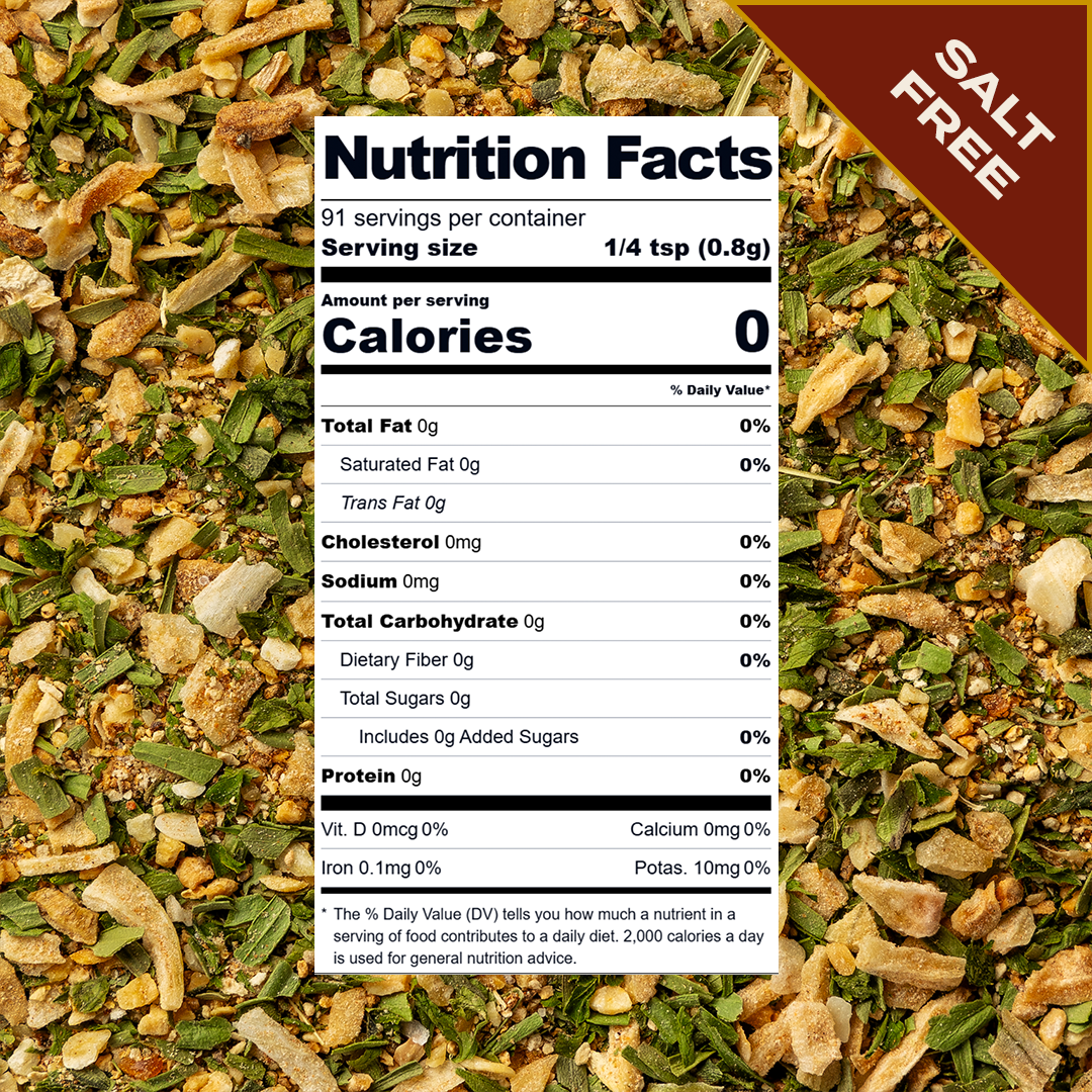 Nutrition Facts label for Golden Steer De Jonghe Seasoning blend. 91 servings per container. Serving size: 1/4 tsp (0.8g). Calories: 0 per serving. Total Fat 0g (0% DV). Saturated Fat 0g (0% DV). Trans Fat 0g. Cholesterol 0mg (0% DV). Sodium 0mg (0% DV). Total Carbohydrate 0g (0% DV). Dietary Fiber 0g (0% DV). Total Sugars 0g. Includes 0g Added Sugars (0% DV). Protein 0g (0% DV). Vitamin D 0mcg (0% DV). Calcium 0mg (0% DV). Iron 0.1mg (0% DV). Potassium 10mg (0% DV). Product is labeled Salt Free.