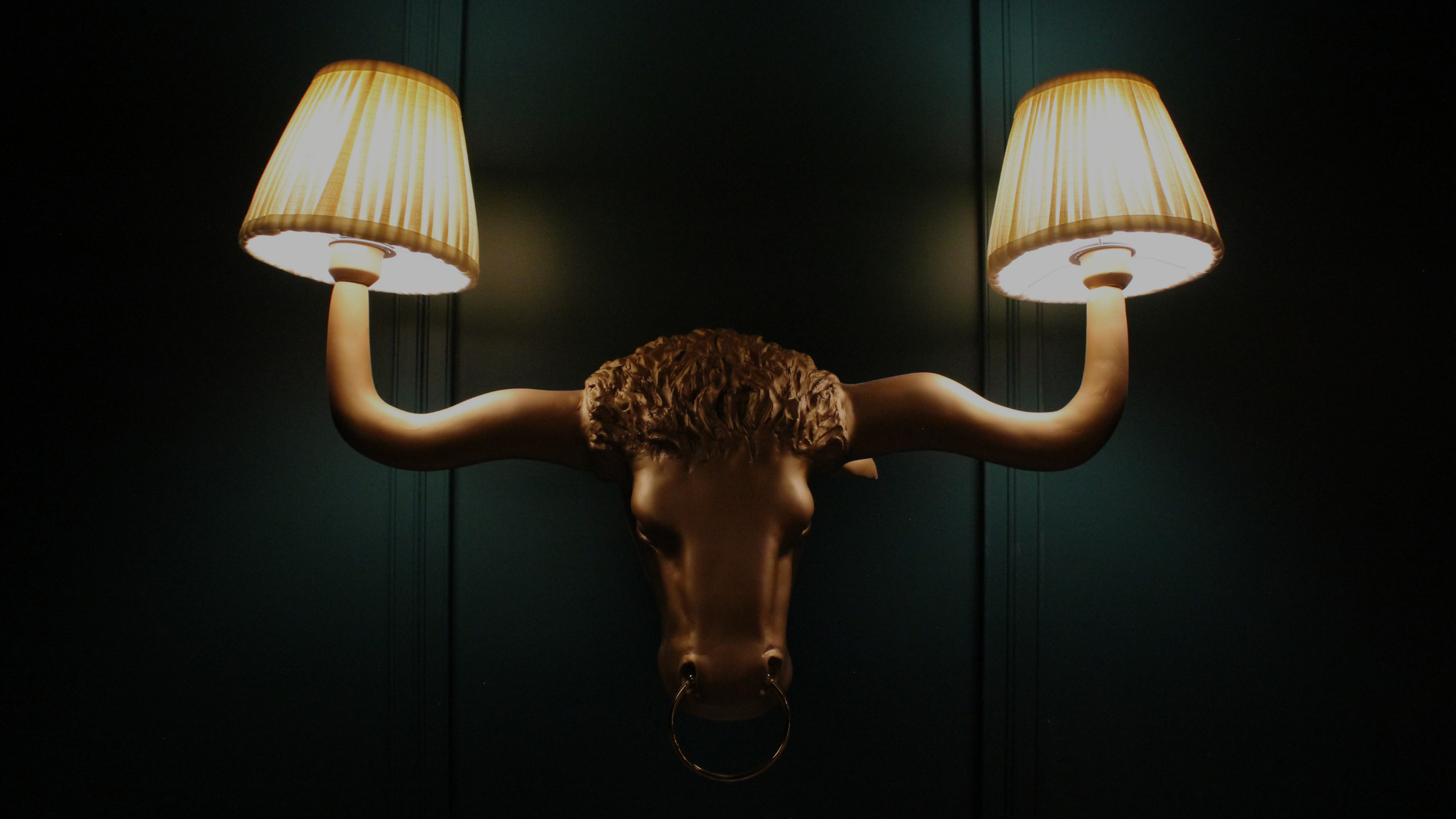 Decorative wall sconce with a steer head design on a dark background
