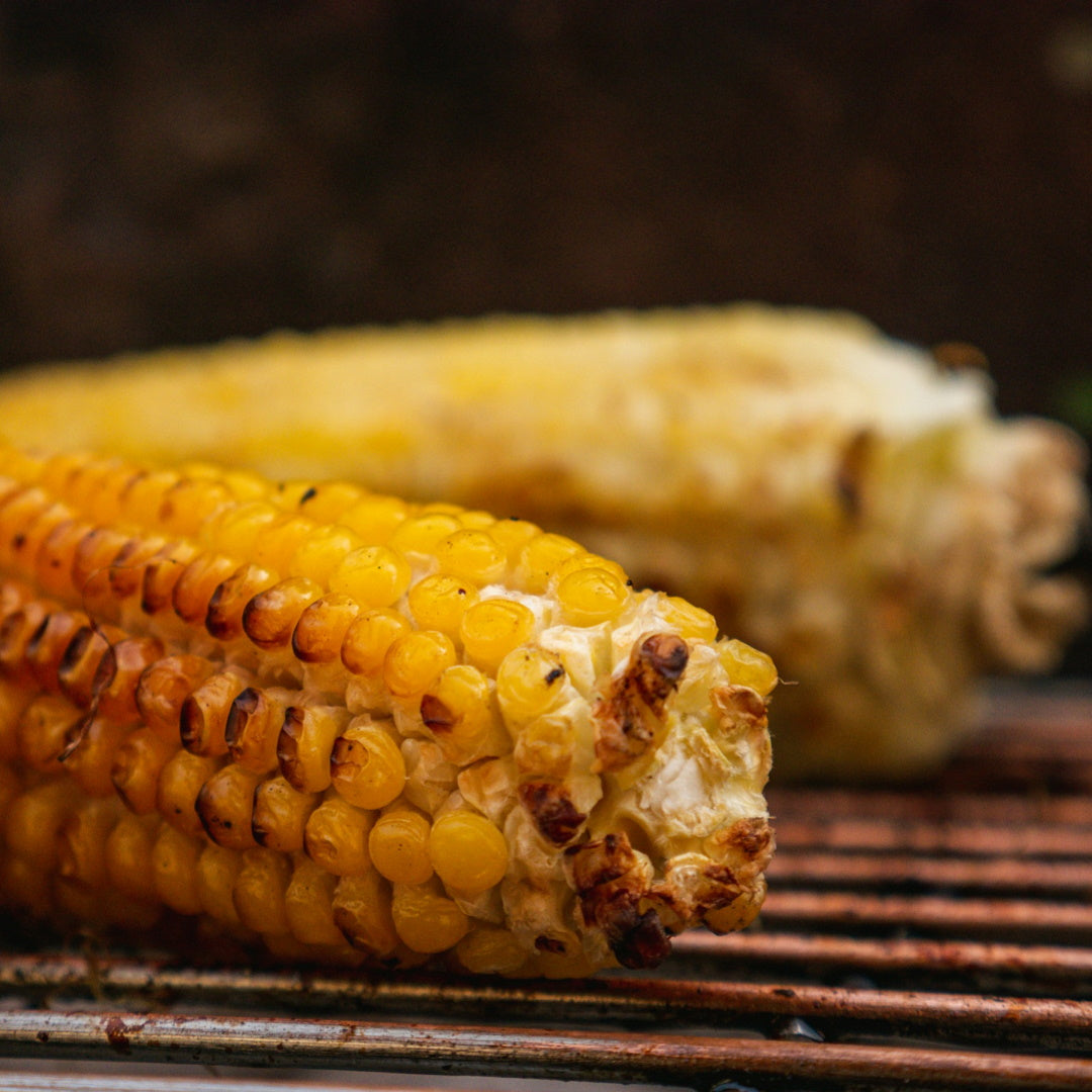 Grilled corn on the cob with charred kernels resting on a metal grill