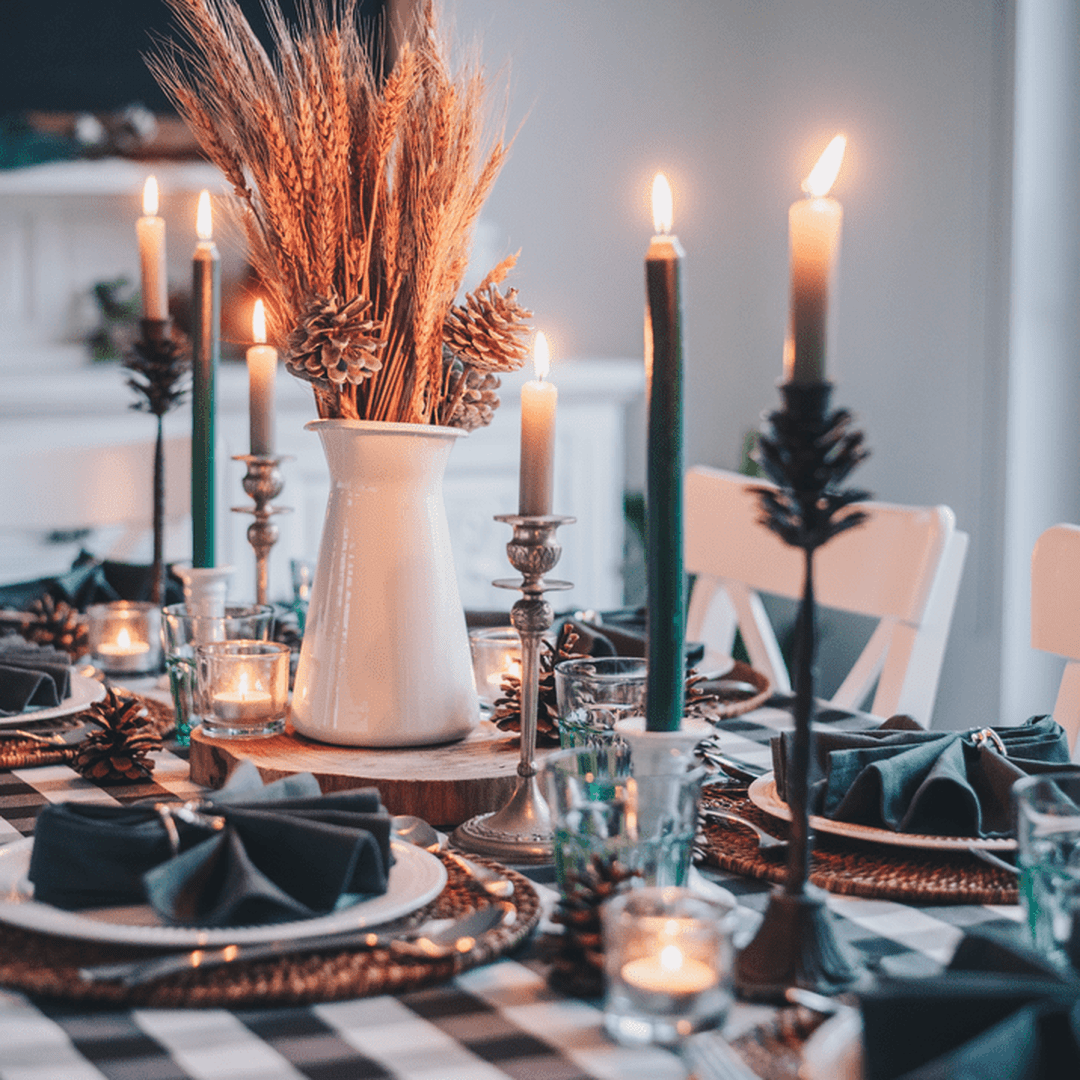 Autumn dinner table with wheat-and-pinecone centerpiece, lit taper candles, and folded dark napkins on woven chargers