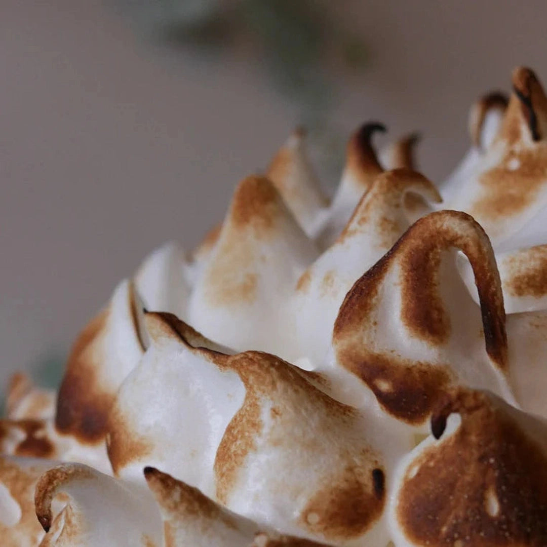 Close-up of browned meringue peaks on a Baked Alaska dessert