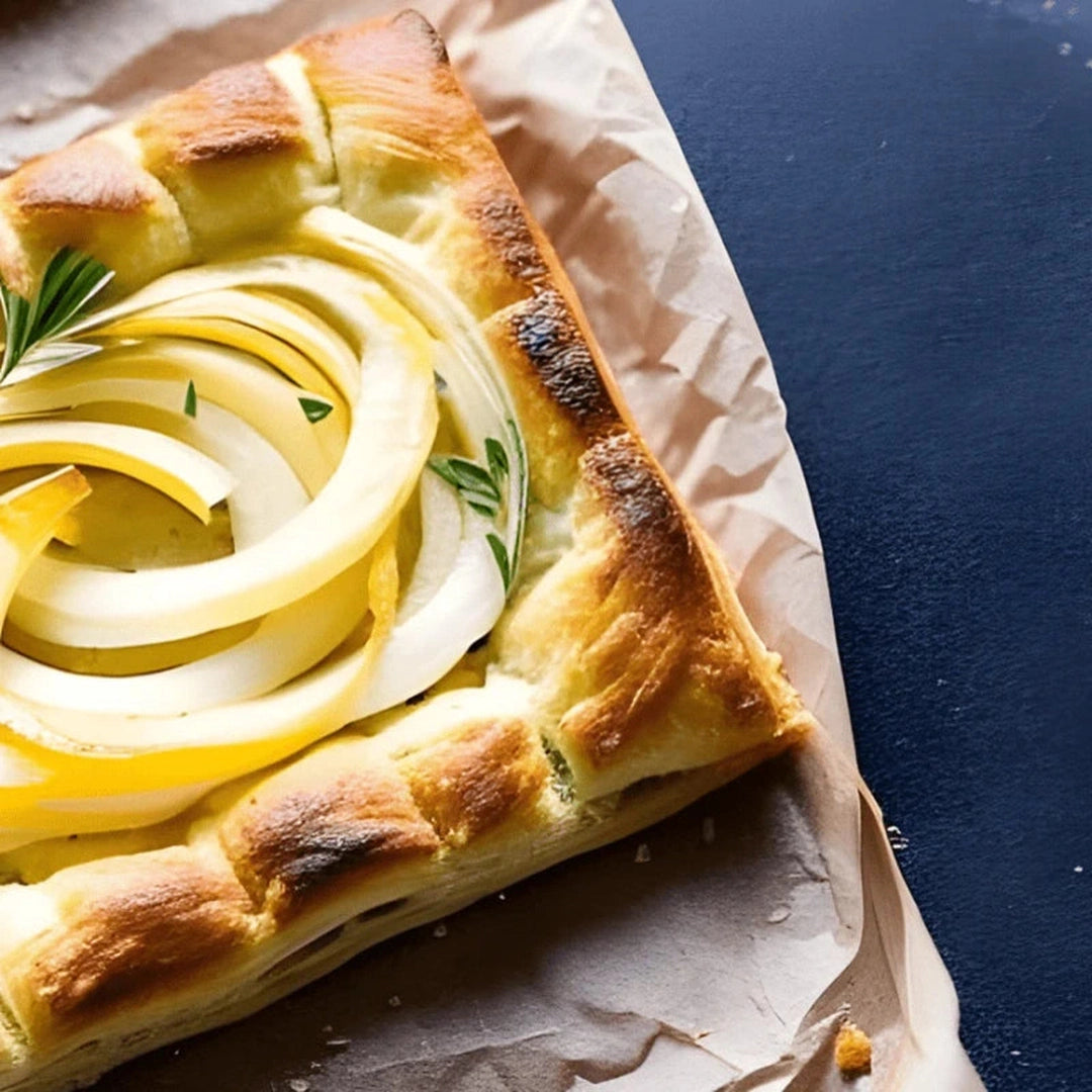 Square savory onion tart with concentric sliced onions and rosemary on browned puff pastry, on parchment paper