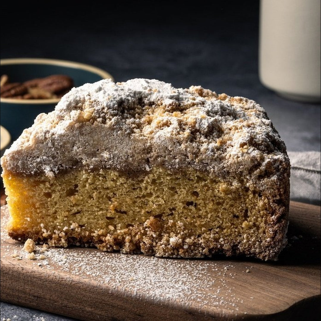 Slice of crumb-topped yellow cake dusted with powdered sugar on a wooden board against a dark background