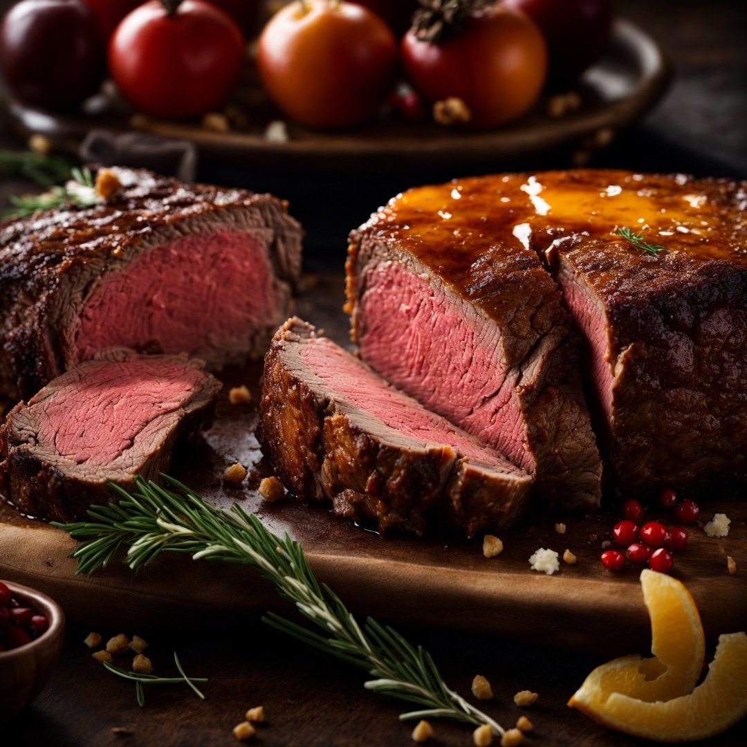 Sliced medium-rare prime rib on a wooden board garnished with rosemary, lemon peel and red berries