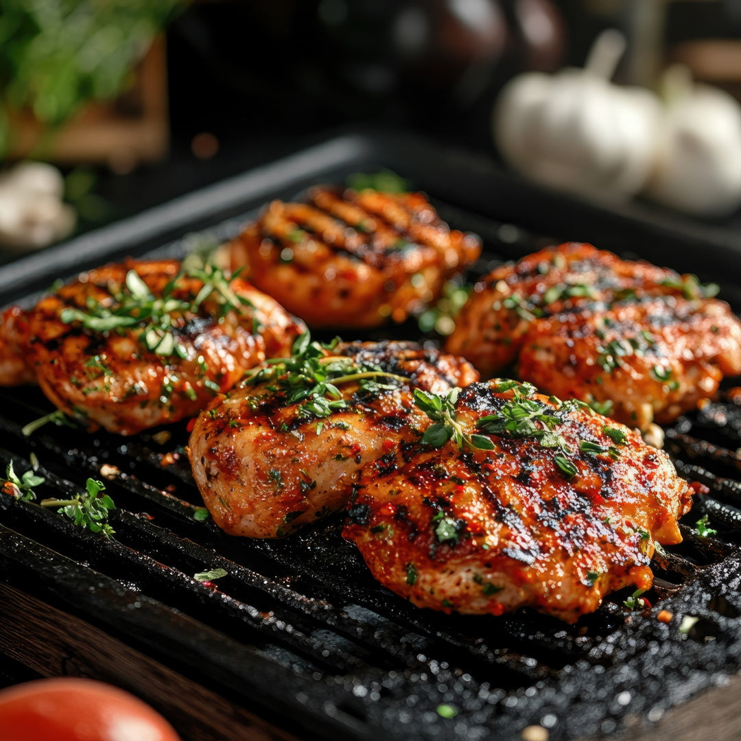 Grilled herb-marinated chicken thighs with char marks on a cast-iron grill pan