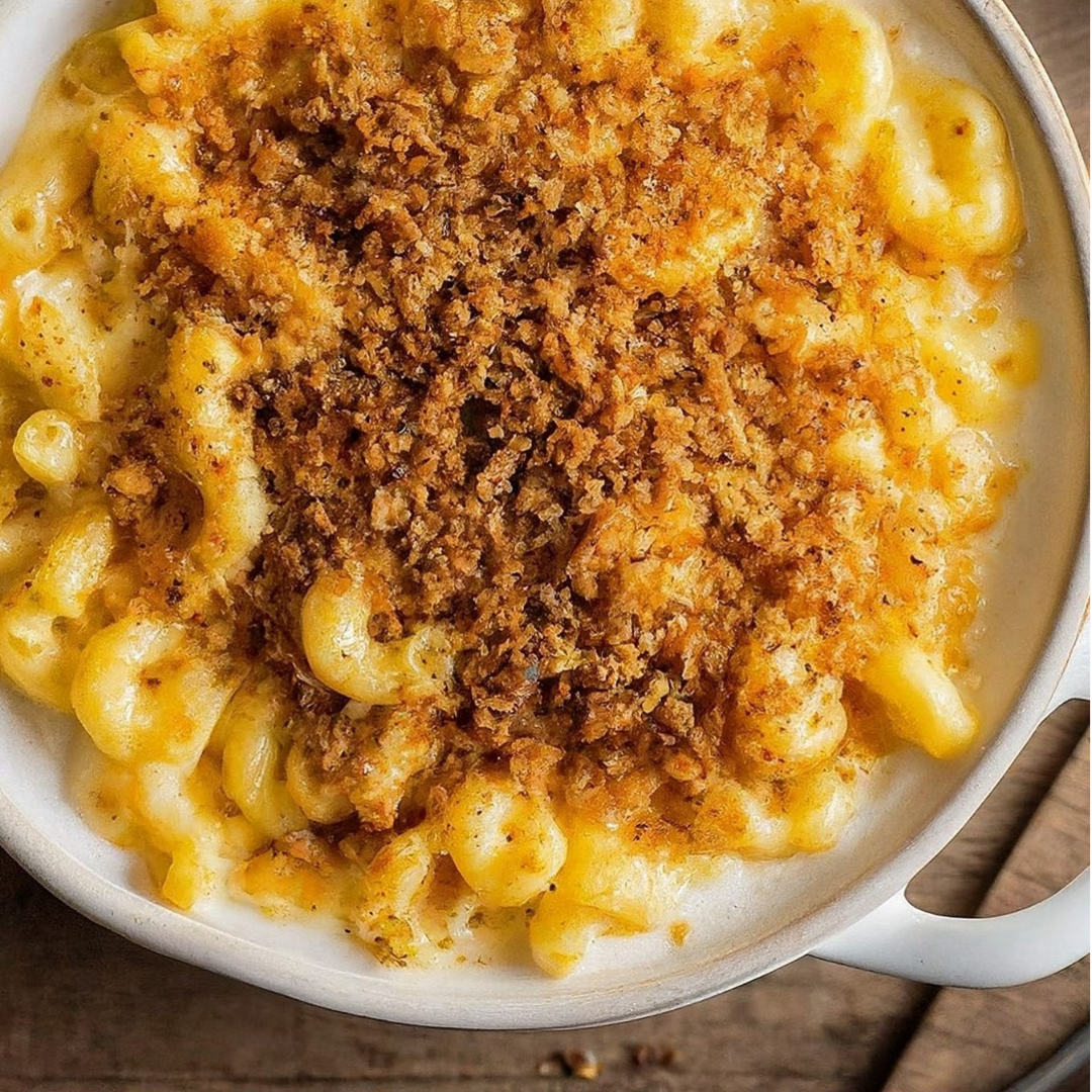 Creamy baked macaroni topped with toasted golden breadcrumbs in a white handled baking dish.