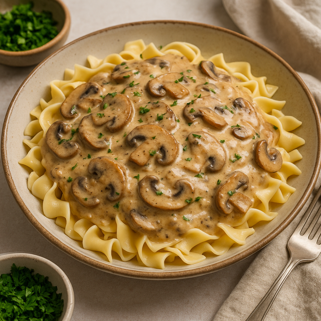 Creamy mushroom stroganoff served over egg noodles in a beige bowl, garnished with chopped parsley