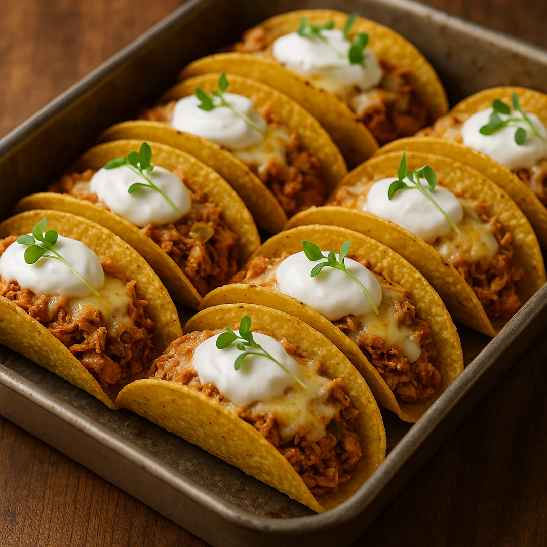 Six chicken tacos in a baking pan topped with melted cheese, dollops of sour cream and microgreens.