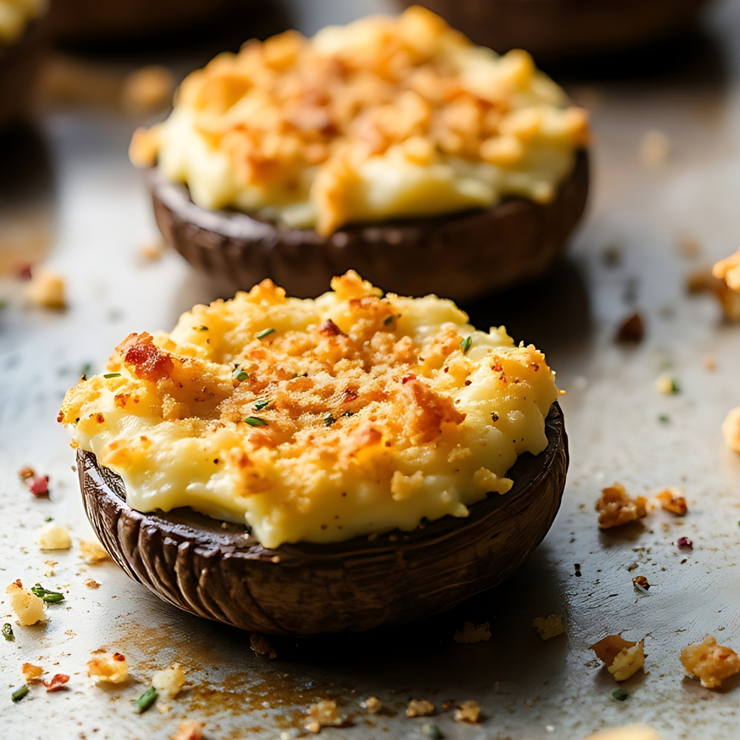 Close-up of stuffed mushroom caps showcasing golden breadcrumb topping with a softly blurred tabletop background
