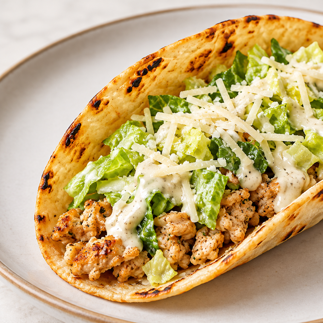 Close-up of a crispy chicken Caesar taco showcasing charred tortilla, lettuce, Caesar dressing, and shredded cheese on a plate