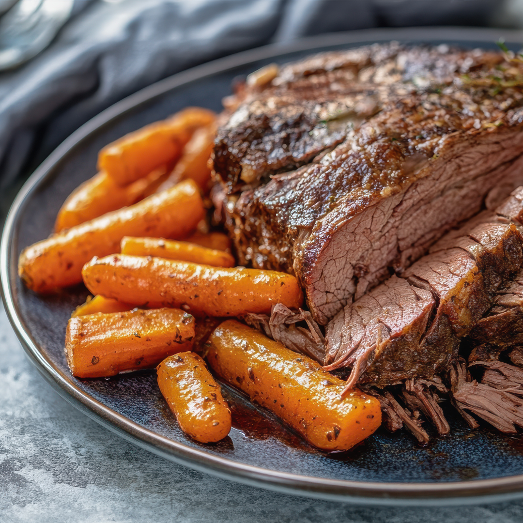 Close-up of sliced oven-braised pot roast with carrots on a dark plate